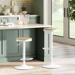 Juego de 2 Taburetes Altos de Cocina con Altura Ajustable Asiento de Madera Marco de Acero y Reposapiés Natural ... - Ogal.Es