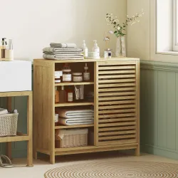 Armario de Baño de Bambú con 2 Puertas Correderas Diseño de Lamas 4 Estantes Mueble Auxiliar de Baño 80x34x80 cm... - Ogal.Es