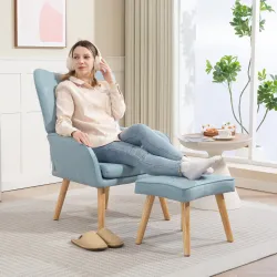 Sillón con Reposapiés Sillón Lectura con Respaldo Alto Capitoné Patas de Madera y Tapizado en Lino Azul Claro - Ogal.Es