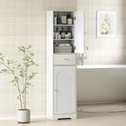 Armario Alto de Baño Estrecho con 2 Puertas Arqueadas Cajón y Estantes Ajustables Moderno 40x29,5x170 cm Blanco ... - Ogal.Es
