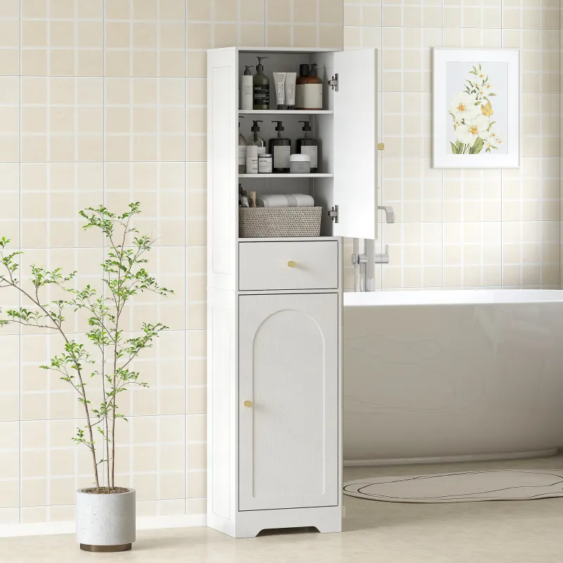 Armario Alto de Baño Estrecho con 2 Puertas Arqueadas Cajón y Estantes Ajustables Moderno 40x29,5x170 cm Blanco ... - Ogal.Es