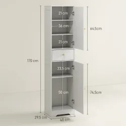Armario Alto de Baño Estrecho con 2 Puertas Arqueadas Cajón y Estantes Ajustables Moderno 40x29,5x170 cm Blanco ... - Ogal.Es