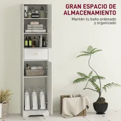 Armario Alto de Baño Estrecho con 2 Puertas Arqueadas Cajón y Estantes Ajustables Moderno 40x29,5x170 cm Blanco ... - Ogal.Es