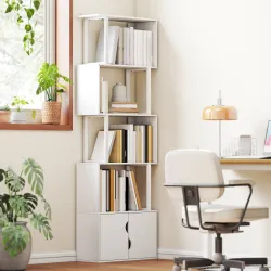Librería de 5 Niveles en Forma de S con 5 Estantes y 2 Puertas para Sala de Estar Oficina 60x23,8x179,2 cm Blanco - Ogal.Es