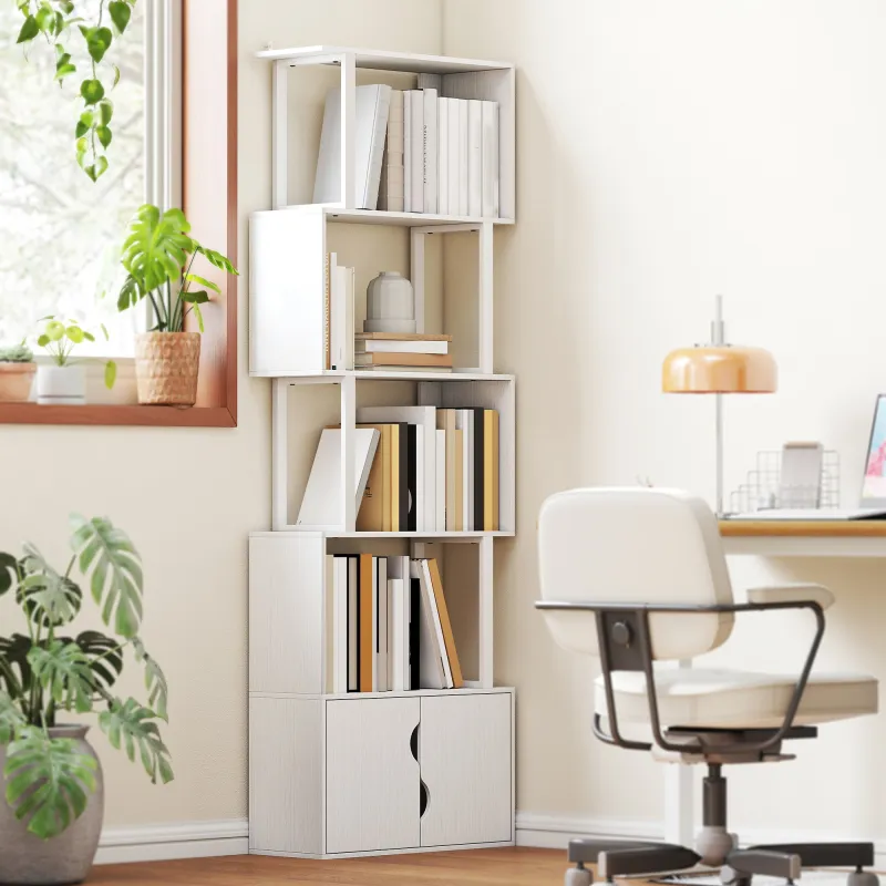 Librería de 5 Niveles en Forma de S con 5 Estantes y 2 Puertas para Sala de Estar Oficina 60x23,8x179,2 cm Blanco - Ogal.Es
