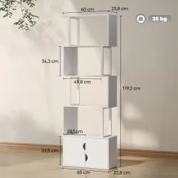 Librería de 5 Niveles en Forma de S con 5 Estantes y 2 Puertas para Sala de Estar Oficina 60x23,8x179,2 cm Blanco - Ogal.Es