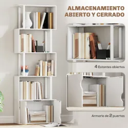 Librería de 5 Niveles en Forma de S con 5 Estantes y 2 Puertas para Sala de Estar Oficina 60x23,8x179,2 cm Blanco - Ogal.Es