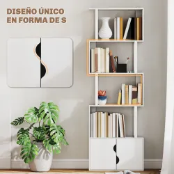 Librería de 5 Niveles en Forma de S con 5 Estantes y 2 Puertas para Sala de Estar Oficina 60x23,8x179,2 cm Blanco - Ogal.Es