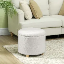 Puff Almacenaje Baúl de Almacenaje Redondo 40,5L 45x45x41 cm Tapizado en Borreguillo con Patas de Madera Blanco - Ogal.Es
