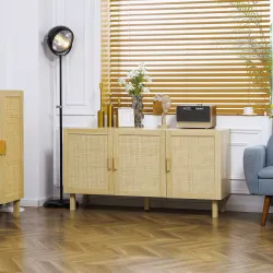 Aparador 3 Puertas de Rejilla de Ratán con Estantes Ajustables para Comedor Entrada Dormitorio Natural 136x41x70 cm - Ogal.Es