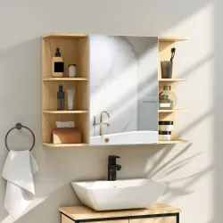 Armario de Baño de Pared con Espejo Puerta Estantes Abiertos 80x20x59 cm Natural - Ogal.Es