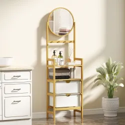 Estantería de Baño de Bambú con Espejo con 4 Ganchos 2 Estantes Abiertos y 2 Cajones de Tela 48,5x30x170 cm Natural - Ogal.Es