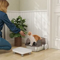 Arenero para Gatos Cubierto con Bandeja de Acero Inoxidable Bordes Altos Pala Peldaño y Zona para Caída de Arena... - Ogal.Es