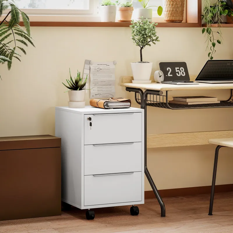 Cajonera de Escritorio con 3 Cajones Ruedas Cerradura y 2 Llaves para Estudio Salón 40x40x63,5 cm Blanco - Ogal.Es