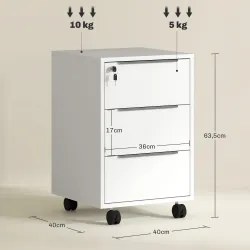 Cajonera de Escritorio con 3 Cajones Ruedas Cerradura y 2 Llaves para Estudio Salón 40x40x63,5 cm Blanco - Ogal.Es