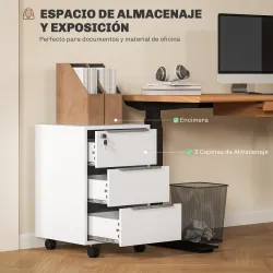 Cajonera de Escritorio con 3 Cajones Ruedas Cerradura y 2 Llaves para Estudio Salón 40x40x63,5 cm Blanco - Ogal.Es
