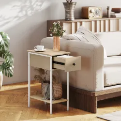 Mesa Auxiliar Estrecha con Cajón Estante Abierto y Estructura Metálica para Salón Dormitorio 25x39,8x58,2 cm Nat... - Ogal.Es