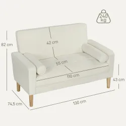 Sofá de 2 Plazas Tapizado en Terciopelo 130 cm con Asiento Capitoné y Patas de Madera para Espacios Pequeños Crema - Ogal.Es