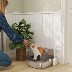 Arenero para Gatos Cubierto con Bandeja de Acero Inoxidable Bordes Altos Pala y Zona para Caída de Arena Gris - Ogal.Es