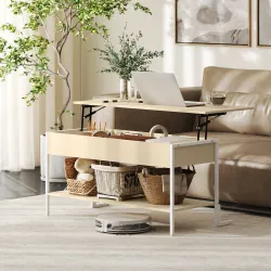 Mesa de Centro Elevable con Cierre Suave Espacio Oculto de Almacenaje y Estante Abierto 95x40x59 cm Natural y Bl... - Ogal.Es