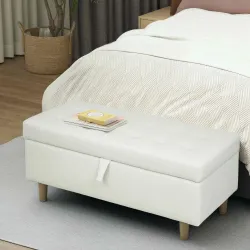 Banco de Almacenamiento Baúl Tapizado de Terciopelo con Patas de Madera Capacidad 71L 100x50x43 cm Blanco Crema - Ogal.Es