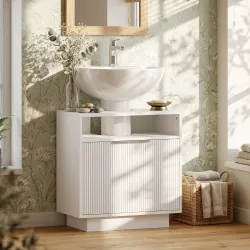 Mueble bajo Lavabo con 2 Puertas Acanaladas y Compartimento Abierto para Lavabo sin Pedestal 60x33x63 cm Blanco - Ogal.Es