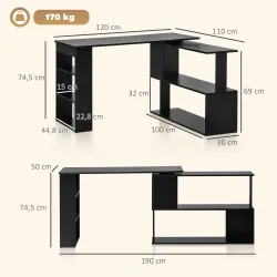 Escritorio en L con Estantería Mesa de Escritorio con Estantes para Oficina Estudio 120x110x74,5 cm Negro - Ogal.Es