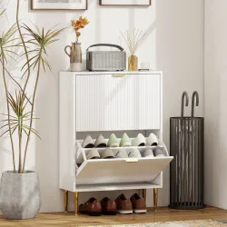 Zapatero Estrecho con 2 Puertas Acanaladas con Estantes Ajustables para 12 Pares de Zapatos 60x24x91,5 cm Blanco - Ogal.Es