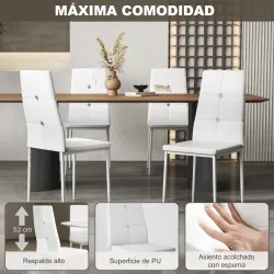 Juego de 6 Sillas de Comedor Tapizada en PU con Respaldo Alto con Botones y Patas de Acero Diseño Moderno Blanco - Ogal.Es
