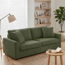 Sofá de 3 Plazas Tapizado en Pana con 2 Almohadas Reposabrazos y Cojín de Muelles 212x80x88 cm Verde - Ogal.Es