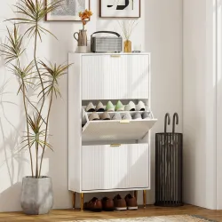 Zapatero Estrecho con 3 Puertas Acanaladas con Estantes Ajustables para 18 Pares de Zapatos 60x24x122,5 cm Blanco - Ogal.Es