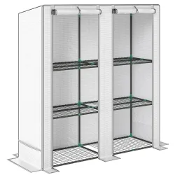 Invernadero de Exterior con Techo Inclinado 3 Estantes 2 Puertas Enrollables y Marco de Acero 144x48x152 cm Blanco - Ogal.Es