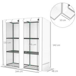 Invernadero de Exterior con Techo Inclinado 3 Estantes 2 Puertas Enrollables y Marco de Acero 144x48x152 cm Blanco - Ogal.Es