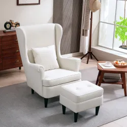 Sillón con Reposapiés Respaldo Alto Capitoné Patas de Madera Almohada Acolchada y Tapizado en Lino Beige - Ogal.Es