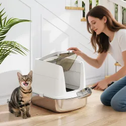 Arenero para Gatos de Acero Inoxidable L con Tapa Abatible Pala Metálica Bolsa Desodorizante Fácil de Limpiar Bl... - Ogal.Es