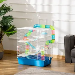 Jaula para Hámster con Túnel Plataformas Cuenco Bebedero Casita Rampas y Rueda de Ejercicio 59x36x69 cm Azul - Ogal.Es