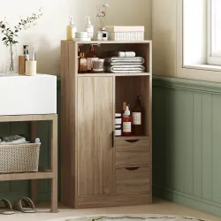 Armario de Baño con 2 Cajones Compartimento Abierto y Estantes Ajustables para Espacio Pequeño 50x25x100 cm Natural - Ogal.Es