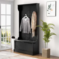 Perchero Zapatero con Banco de Almacenamiento y 5 Ganchos Estilo Moderno 96x34x179,7 cm Negro - Ogal.Es