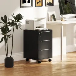 Cajonera de Escritorio con 3 Cajones Ruedas Cerradura y 2 Llaves para Estudio Salón 40x40x63,5 cm Negro - Ogal.Es