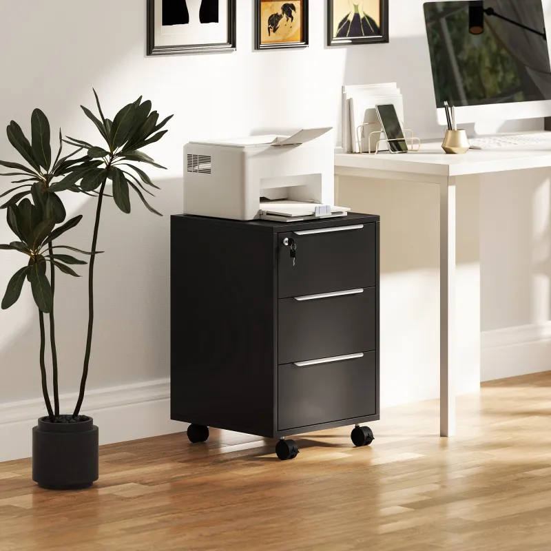 Cajonera de Escritorio con 3 Cajones Ruedas Cerradura y 2 Llaves para Estudio Salón 40x40x63,5 cm Negro - Ogal.Es