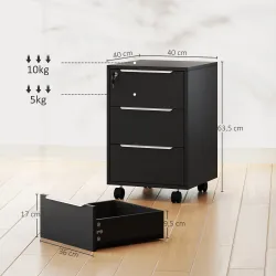 Cajonera de Escritorio con 3 Cajones Ruedas Cerradura y 2 Llaves para Estudio Salón 40x40x63,5 cm Negro - Ogal.Es