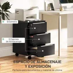 Cajonera de Escritorio con 3 Cajones Ruedas Cerradura y 2 Llaves para Estudio Salón 40x40x63,5 cm Negro - Ogal.Es