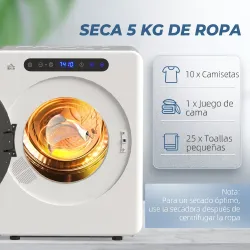 Secadora de Evacuación 3 KG 1000W Función Antiarrugas Función Esterilizar Temporizador Pantalla LED Táctil Blanco - Ogal.Es