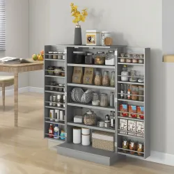 Armario Despensa Cocina con 2 Puertas y 16 Estantes Alacena Moderna con Estantes Ajustables 60x30x104cm Gris - Ogal.Es