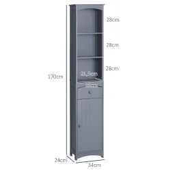 Armario Alto de Baño Estrecho con 1 Cajón y 3 Estantes Abiertos Estilo Moderno 34x24x170 cm Gris - Ogal.Es
