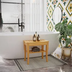 Taburete de Baño de Bambú con Estante Banco de Baño Impermeable y Robusta para Salón SPA 47,5x26x44,5 cm Natural - Ogal.Es
