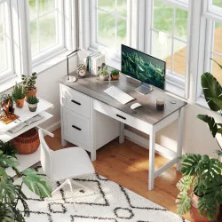 Escritorio Rústico 120x50 cm Mesa de Escritorio con 3 Cajones y Encimera con Efecto Madera Blanco - Ogal.Es