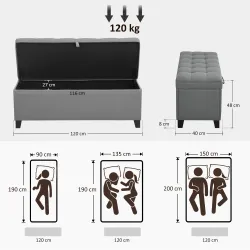 Banco de Almacenaje con 2 Bisagras de Seguridad Tapa Abatible para Dormitorio Salón 120x40x48 cm Gris Oscuro - Ogal.Es