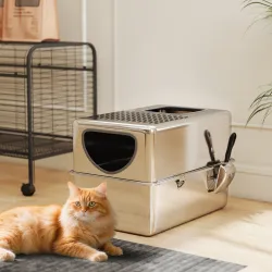 Arenero para Gatos de Acero Inoxidable XL Arenero con Pala Aberturas Dobles Fácil de limpiar Plata - Ogal.Es