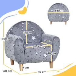 Sofá Infantil con Diseño de Estrellas que Brillan en la Oscuridad Tejido Suave de Terciopelo 55x40x55 cm Gris - Ogal.Es